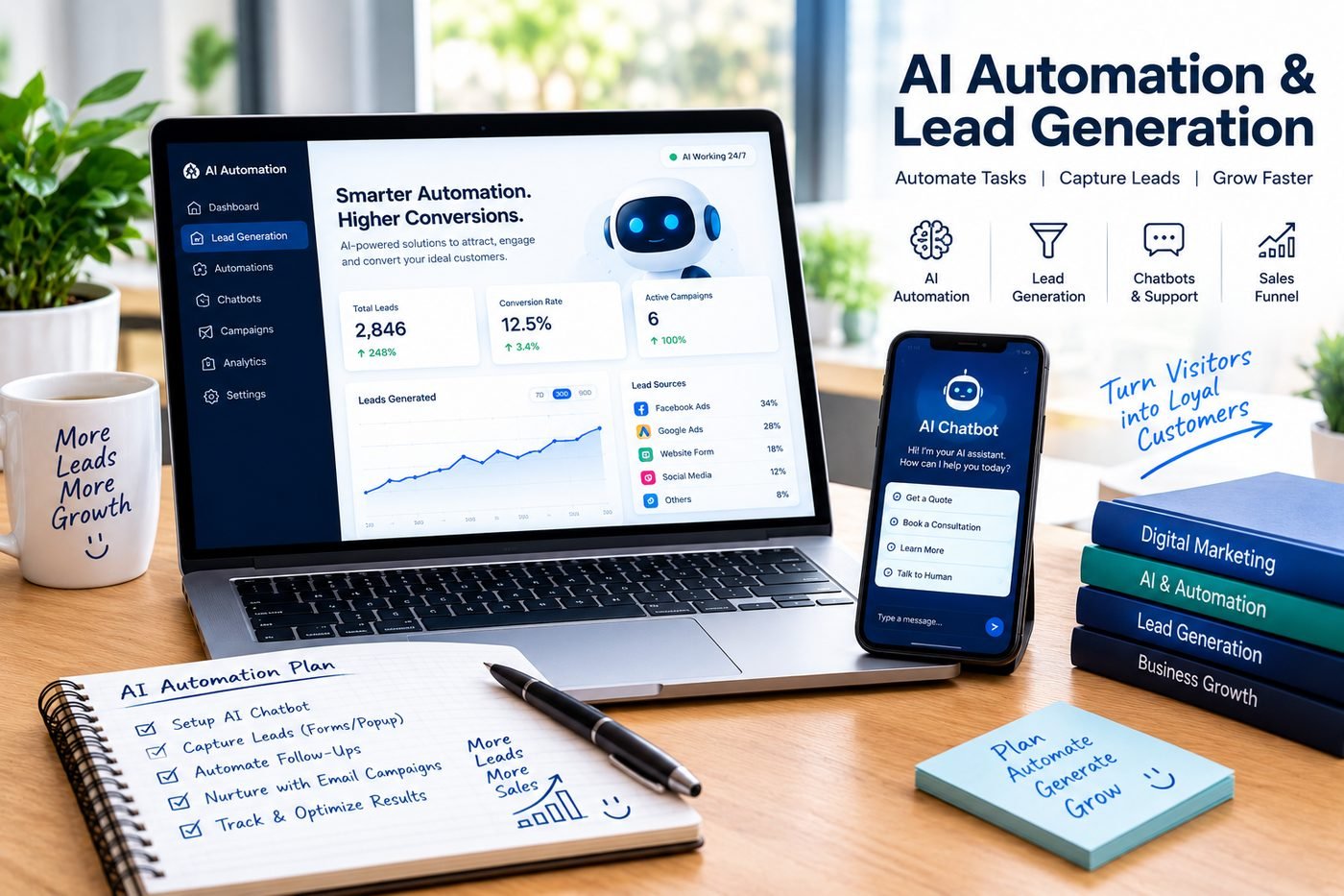 AI automation dashboard showing leads generated and lead sources, beside an AI chatbot qualifying a customer on a phone