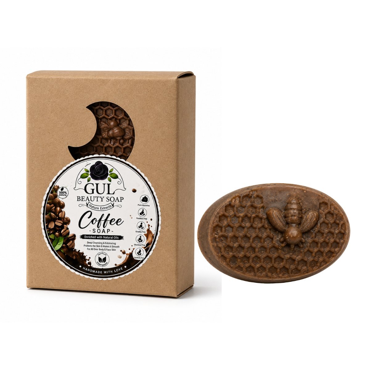 Gul Beauty Soap coffee soap bar with visible ground coffee through the bar, beside its kraft box