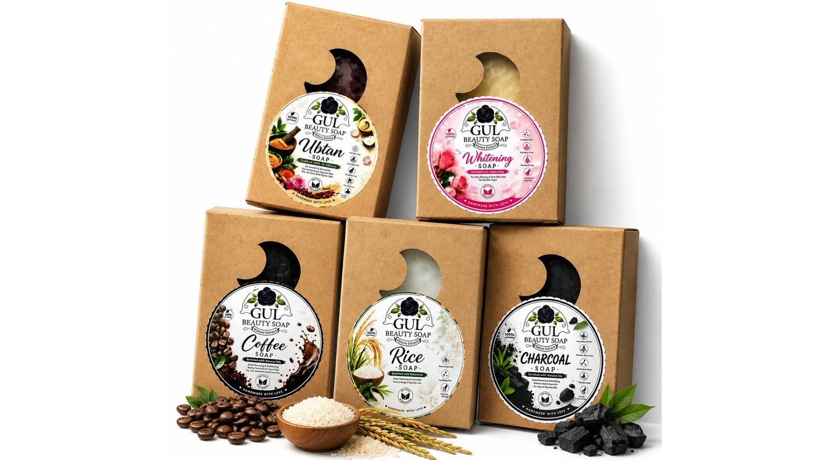 The Gul Beauty Soap range in kraft boxes: ubtan, whitening, coffee, rice and charcoal handmade soaps, with coffee beans, rice and charcoal shown beside them
