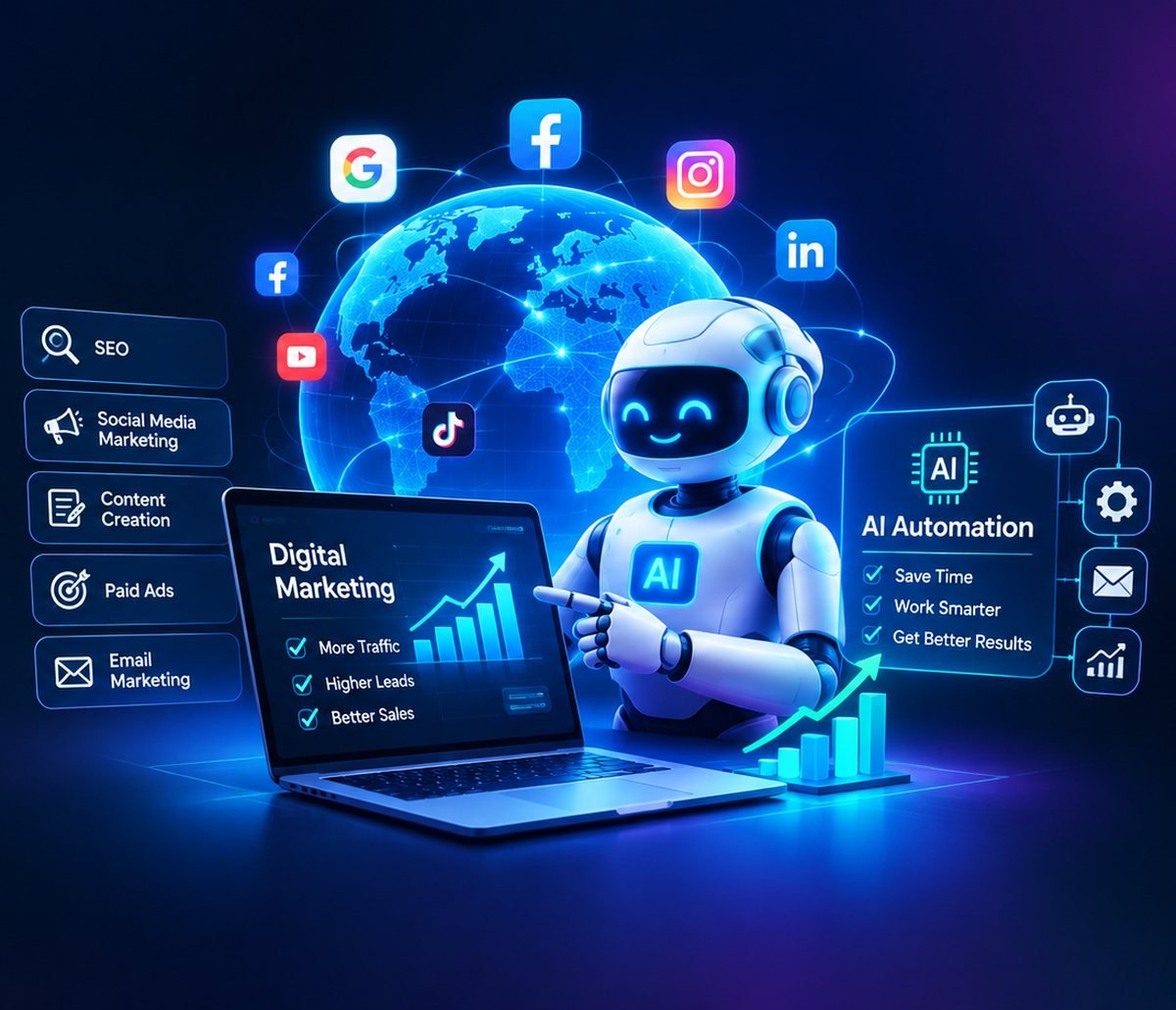 An AI assistant pointing at a laptop showing rising traffic, leads and sales, surrounded by Google, Facebook, Instagram, YouTube, TikTok and LinkedIn, with SEO, social media marketing, content creation, paid ads and email marketing listed alongside