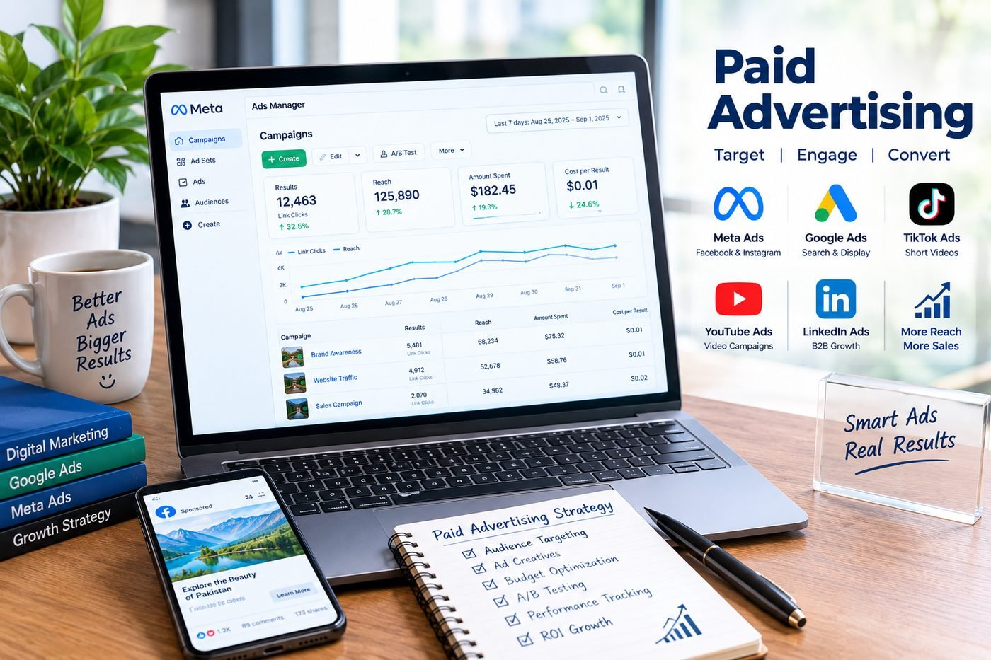 Meta Ads Manager campaign dashboard showing results, reach, amount spent and cost per result, with Google, TikTok, YouTube and LinkedIn ad platforms listed