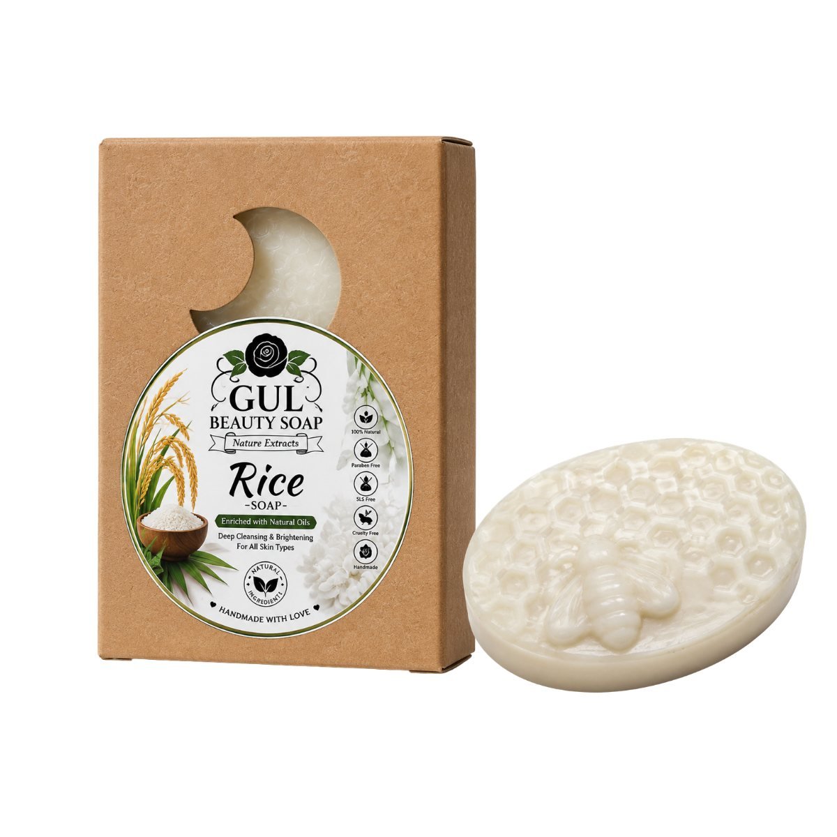 Gul Beauty Soap rice soap bar in cream white, pressed with a honeycomb and bee pattern, beside its kraft box with a rice and jasmine label