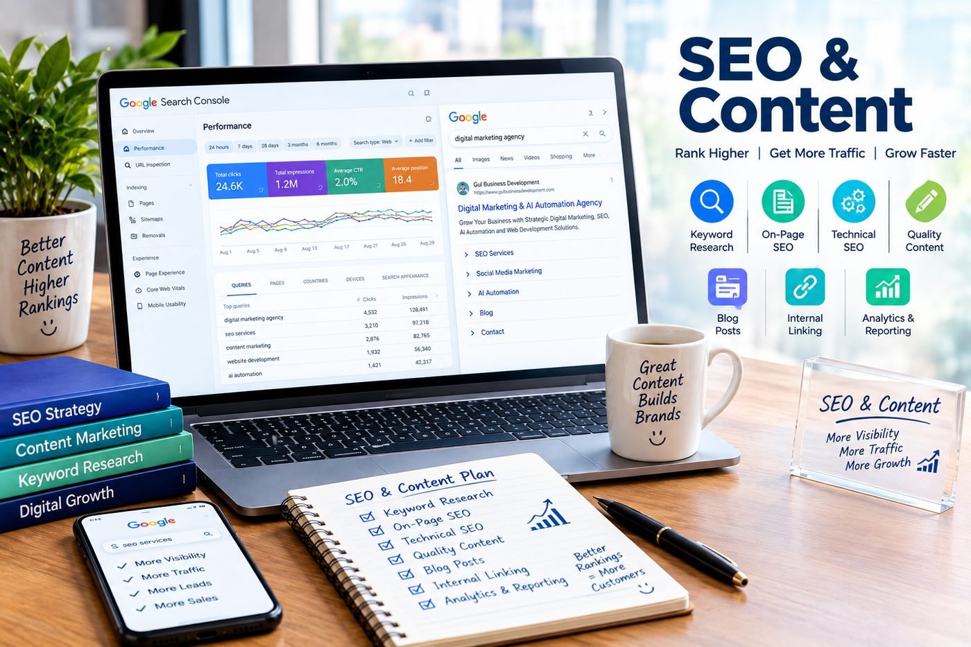 Google Search Console performance report showing clicks, impressions and average position, beside a keyword research and on-page SEO plan