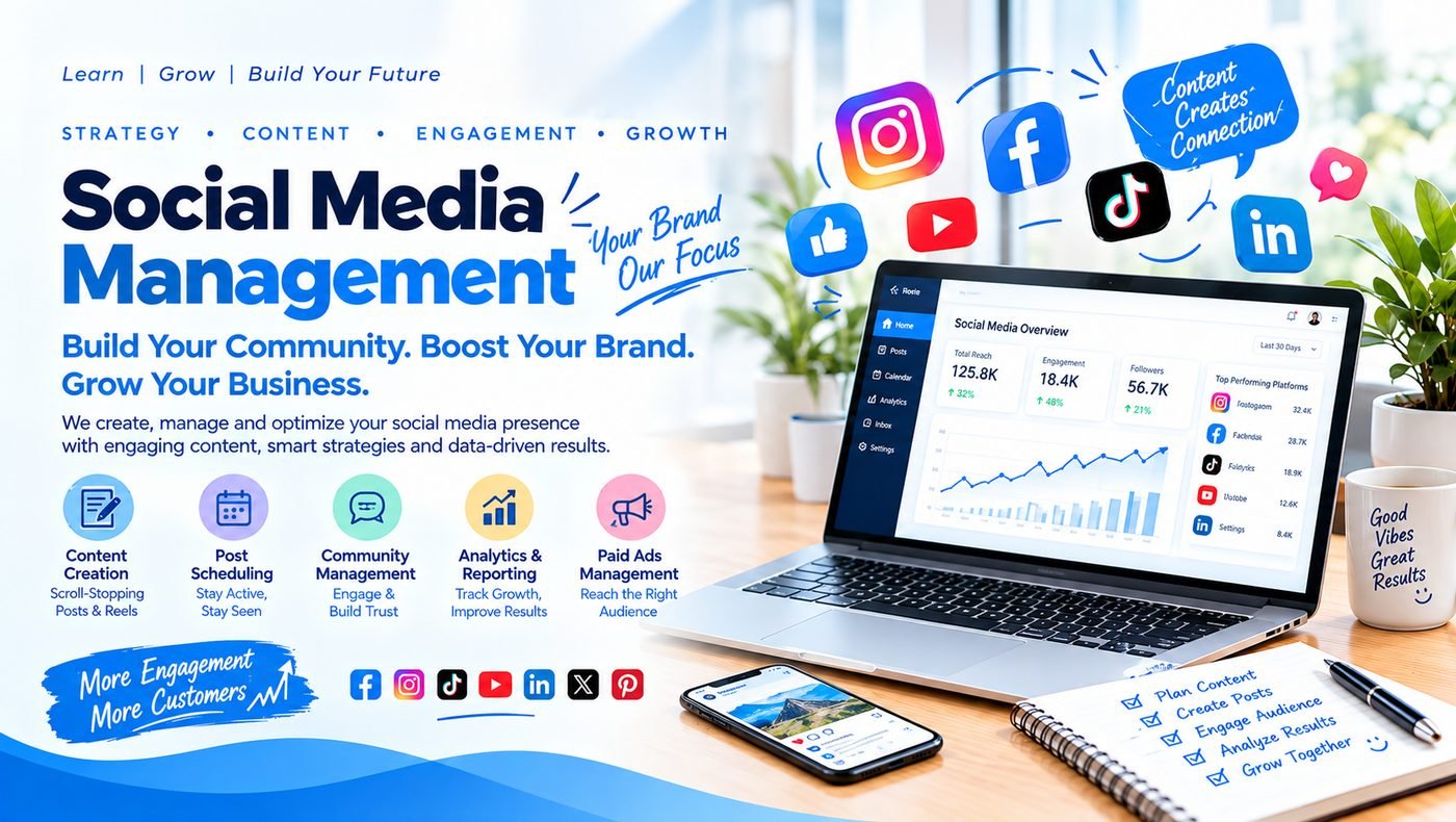 Social media management dashboard showing total reach, engagement and follower growth, with Instagram, Facebook, TikTok, YouTube and LinkedIn content planned around it