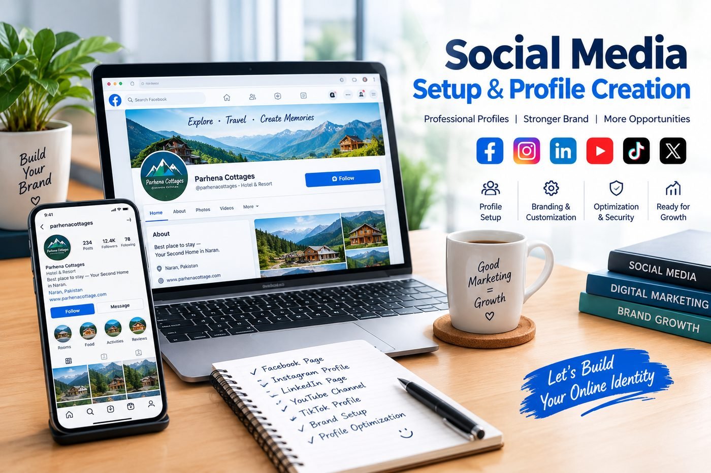 A business Facebook page and Instagram profile fully set up on a laptop and phone, beside a checklist of accounts to create