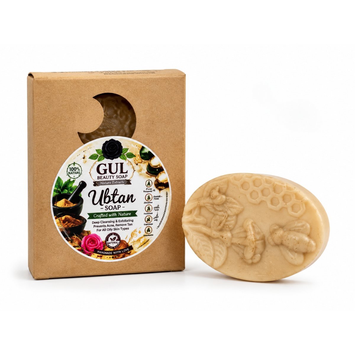 Gul Beauty Soap ubtan soap bar in golden turmeric colour, pressed with three bees and a honeycomb, beside its kraft box with a turmeric and rose label