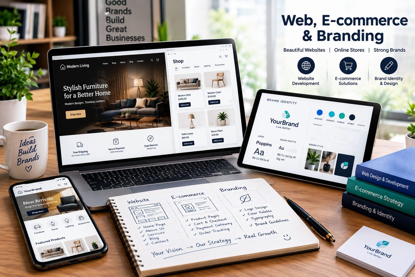 An online furniture store shown on laptop, tablet and phone, next to a brand identity sheet with logo, colour palette and typography