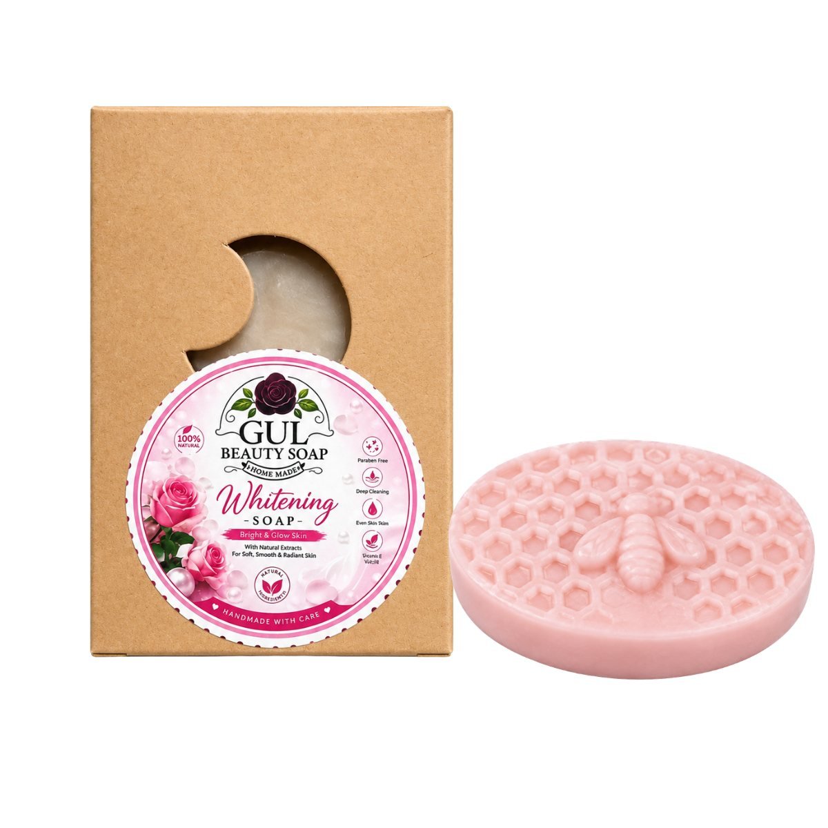 Gul Beauty Soap whitening soap bar in pale rose pink, pressed with a honeycomb and bee pattern, beside its kraft box with a rose and pearl label